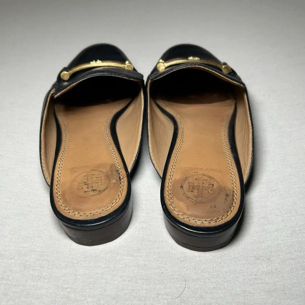 Tory Burch Amelia mule loafers black leather enamel hardware 6.5, preppy, work